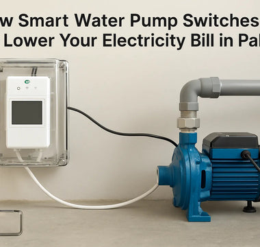 Smart water pump switch with WiFi control connected to blue water pump for energy savings in Pakistan
