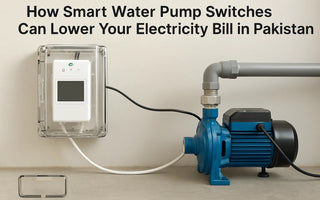 Smart water pump switch connected to electric water pump with pipes against a wall