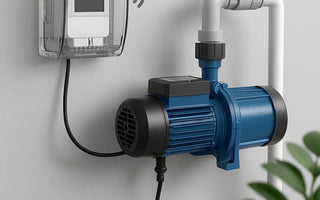 Smart water pump switch with WiFi control, connected to blue pump and pipes for home automation