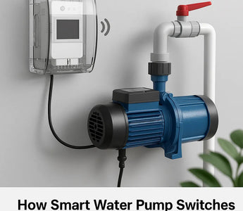 Smart water pump switch with WiFi control, connected to blue pump and pipes for home automation