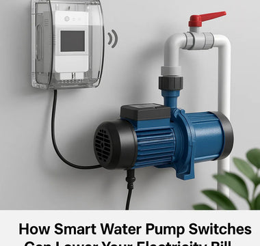Smart water pump switch with WiFi control, connected to blue pump and pipes for home automation