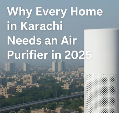 Modern air purifier with city skyline of Karachi and text about air purifiers in 2025