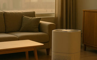 Modern air purifier in a stylish living room with smart home decor and large window view