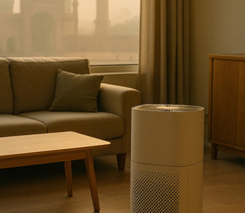 Modern air purifier in a stylish living room with smart home decor and large window view
