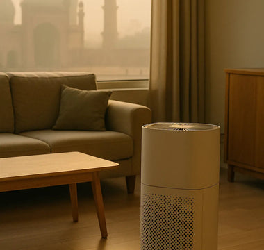 Modern air purifier in a stylish living room with smart home decor and large window view