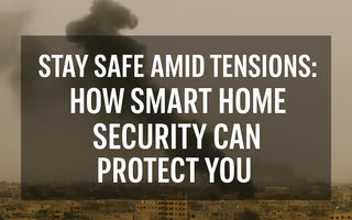 Smart home security protection message over cityscape with smoke rising in background