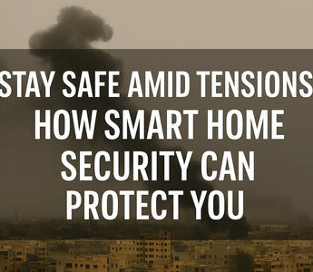 Smart home security protection message over cityscape with smoke rising in background