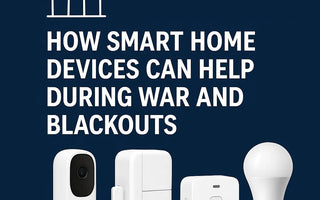 Smart home devices like cameras, sensors, and smart bulbs on blue background with text on energy backup.