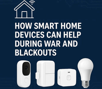 Smart home devices like cameras, sensors, and smart bulbs on blue background with text on energy backup.