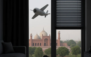 Smart home living room with modern furniture, large window, automated blinds, and a digital camera drone flying outside with a city landmark in view.