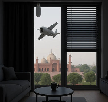 Smart home living room with modern furniture, large window, automated blinds, and a digital camera drone flying outside with a city landmark in view.