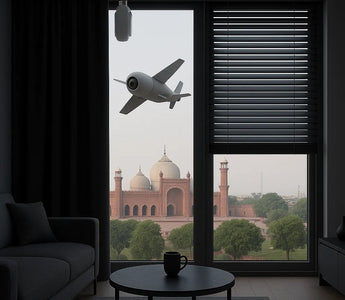 Smart home interior with modern sofa, coffee table, and window view of historic architecture and flying drone