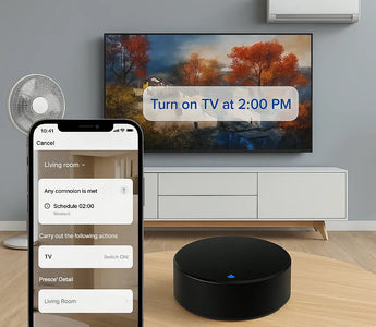 Smart home automation: schedule TV on/off via app with voice control, WiFi smart switch, and living room setup