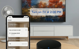 Smart home automation scene with app scheduling TV to turn on, smart hub, and modern living room.