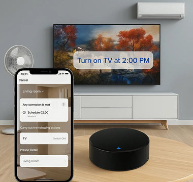 Smart home automation scene with app scheduling TV to turn on, smart hub, and modern living room.