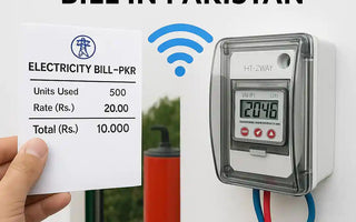 WiFi smart geyser switch with digital display next to Pakistan electricity bill