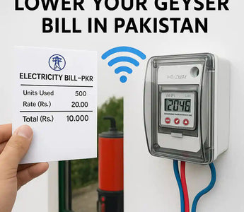 WiFi smart geyser switch with digital display next to Pakistan electricity bill