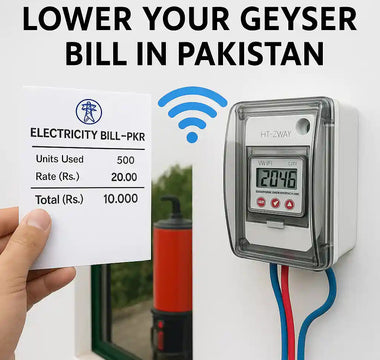 WiFi smart geyser switch with digital display next to Pakistan electricity bill