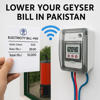 Smart WiFi electric geyser switch reducing electricity bills in Pakistan with digital display