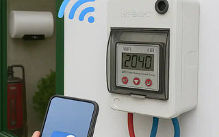 WiFi smart switch for geyser shown with mobile app control and digital display mounted on wall