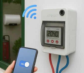 WiFi smart switch for geyser shown with mobile app control and digital display mounted on wall