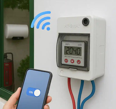 WiFi smart switch for geyser shown with mobile app control and digital display mounted on wall