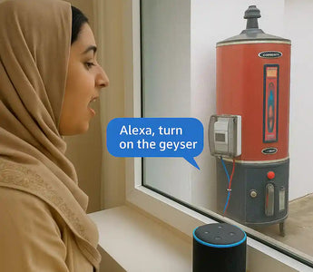 Woman using Alexa smart speaker to voice control electric geyser switch for home automation