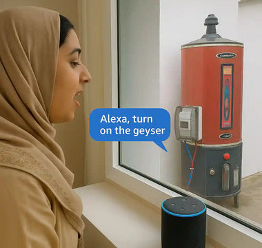 Woman using Alexa smart speaker to voice control electric geyser switch for home automation