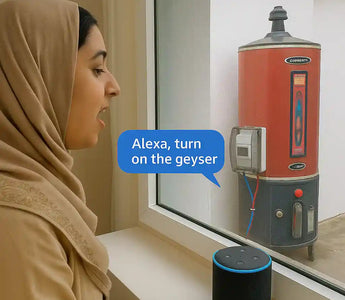 Woman using voice command to control smart electric geyser via Alexa-enabled device
