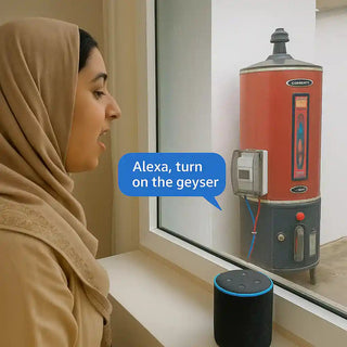 Woman using voice command to control smart electric geyser via Alexa-enabled device