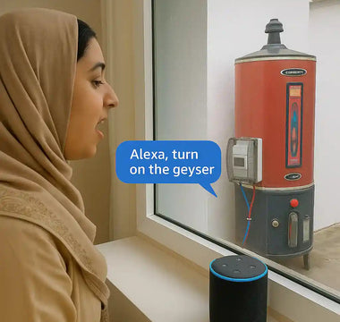 Woman using voice command to control smart electric geyser via Alexa-enabled device