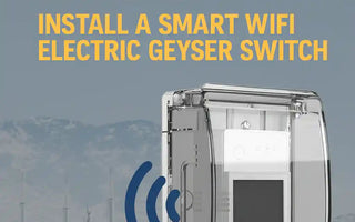 Smart WiFi electric geyser switch with wireless icon and winter cityscape background.