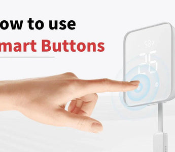 Hand touching a smart button on a modern wall-mounted smart home switch interface