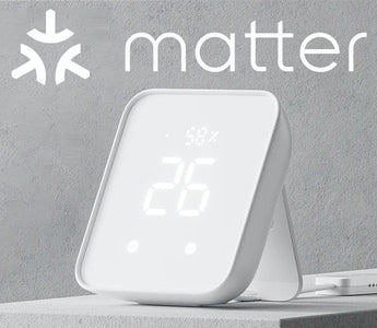 Smart home device displaying 26°C with Matter logo, ideal for home automation and smart living.