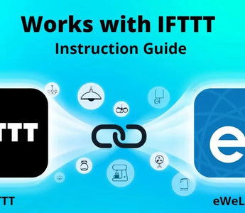 IFTTT and eWeLink integration guide for smart home automation, icons of connected devices on blue background