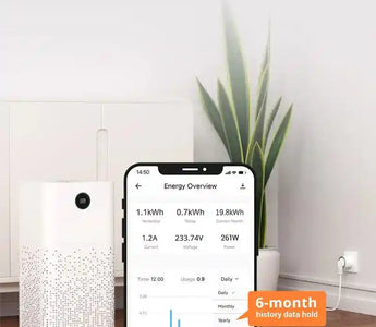 Smart home energy monitor app interface on phone, air purifier, and indoor plant in living room