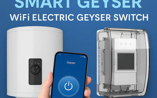 Smart WiFi electric geyser switch with app control and wall-mounted unit for home automation
