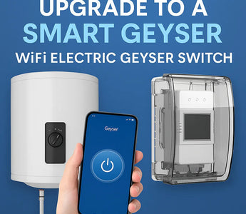 Smart WiFi electric geyser switch with app control and wall-mounted unit for home automation