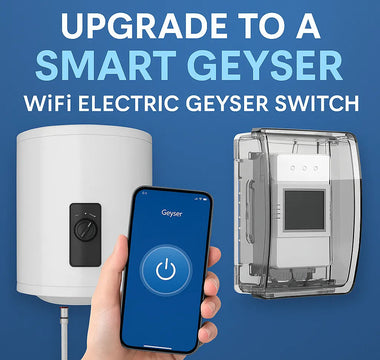 Smart WiFi electric geyser switch with app control and wall-mounted unit for home automation