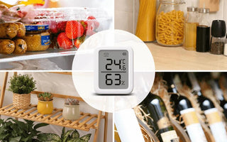 Digital smart thermometer and hygrometer displaying temperature and humidity in home settings