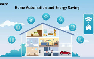 Smart home automation concept with WiFi smart switches, energy saving, and connected devices illustrated in a modern house.