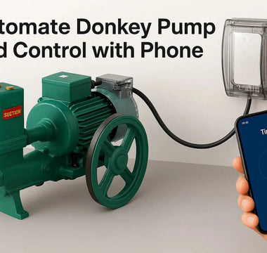 Smart phone app controls green donkey pump via WiFi switch for automated home water system