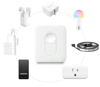 Smart home remote surrounded by smart bulb, smart plug, LED strip, and automation devices