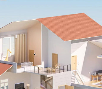Modern smart home interior illustration with WiFi smart switches, fingerprint lock, solar panel, and security camera.