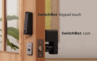 Smart door lock kit with digital keypad and electronic lock installed on wooden door