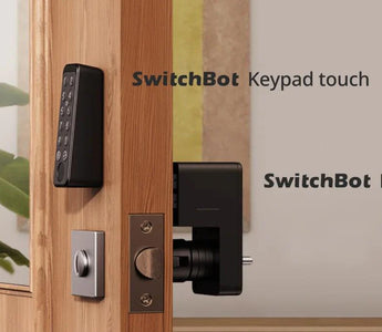 Smart door lock kit with digital keypad and electronic lock installed on wooden door