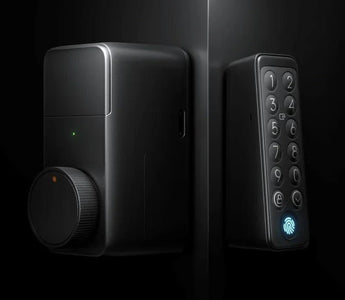 Smart door lock with keypad and fingerprint scanner on a black door